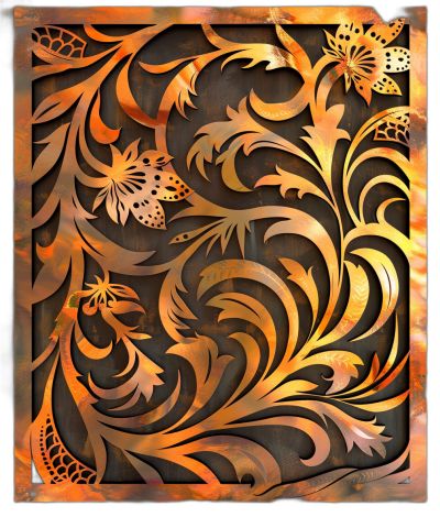 A lasercut metal panel with intricate floral patterns in copper and gold, creating an elegant and luxurious vibe. The design includes leaves, flowers, vines, butterflies, and birds, all detailed to the maximum on a dark background. This is an ultra-detailed image with a focus on realism and texture. It's a digital illustration using vector graphics software like Adobe Illustrator or in the style of [Artgerm](https://goo.gl/search?artist%20Artgerm), showcasing the beauty of fine art laser cut panels.