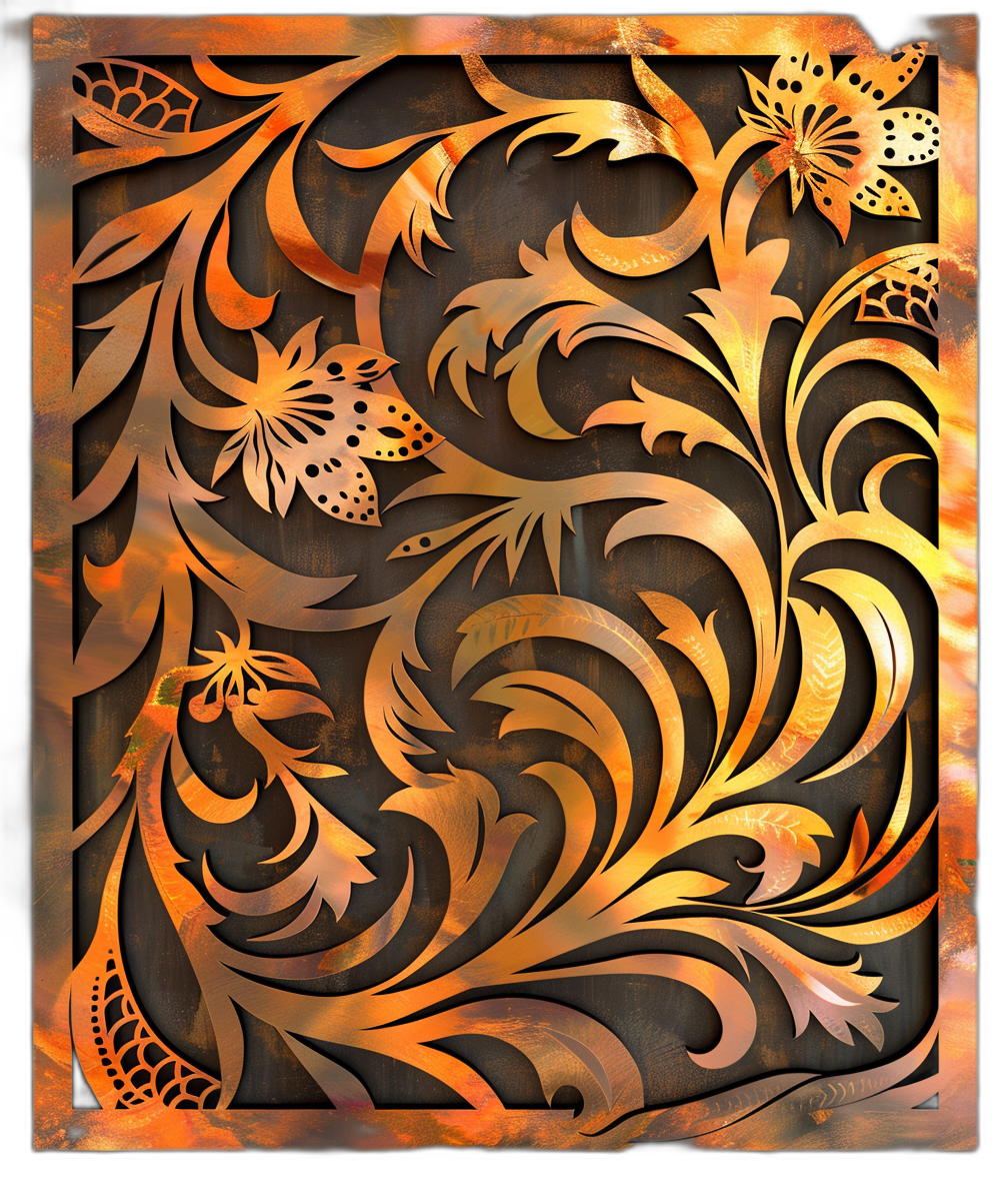 A lasercut metal panel with intricate floral patterns in copper and gold, creating an elegant and luxurious vibe. The design includes leaves, flowers, vines, butterflies, and birds, all detailed to the maximum on a dark background. This is an ultra-detailed image with a focus on realism and texture. It’s a digital illustration using vector graphics software like Adobe Illustrator or in the style of [Artgerm](https://goo.gl/search?artist%20Artgerm), showcasing the beauty of fine art laser cut panels.