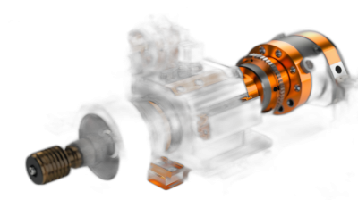 An orange and black background with an electric motor, solid state system, three-dimensional structure, closeup perspective, dark tones, highlights and shadows, high resolution, detailed depiction of the mechanical part, focus on details, black background, product photography style in the style of product photography.