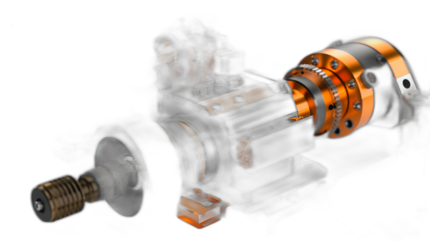 An orange and black background with an electric motor, solid state system, three-dimensional structure, closeup perspective, dark tones, highlights and shadows, high resolution, detailed depiction of the mechanical part, focus on details, black background, product photography style in the style of product photography.