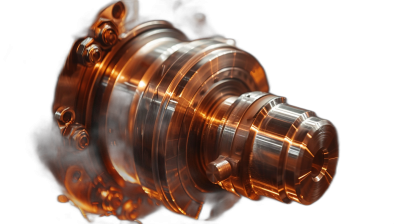 A closeup of the translucent polyplastic magical engine part in the style of copper and silver colors on a black background, glowing with energy. The mechanical design is detailed with macro photography using a macro lens and focused lighting, creating reflections and shallow depth of field at high resolution for a hyperrealistic style.