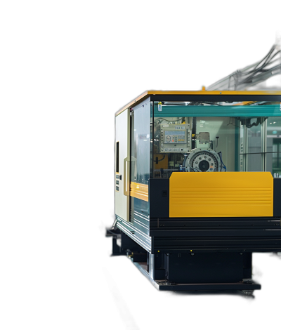 A plastic moulding machine with yellow and teal accents, set against a black background. The focus is on the machinery's glass cabinet and control panel, highlighting its advanced technology. Shot from an angle that showcases both sides of the machine, with a slight perspective to emphasize depth and detail.