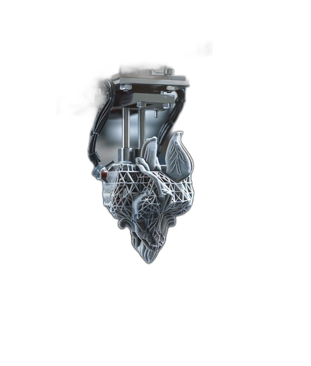 A white robot heart with black background, made of metal and glass material, is suspended in the air. It has an extremely delicate structure that can be seen through transparent skin, and there is another mechanical device attached to its body. The overall composition is symmetrical, presenting strong threedimensional sense and cool color tone.