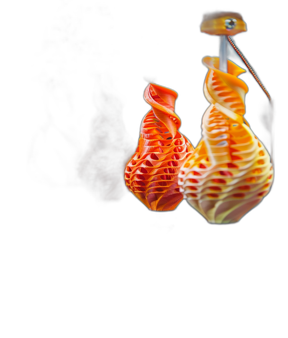 A macro photo of two red and orange glass fish sculptures hanging from the ceiling on a black background, with detailed and intricate details in the style of cinematic volumetric lighting rendered in Octane with a 35mm lens at f/2.8.