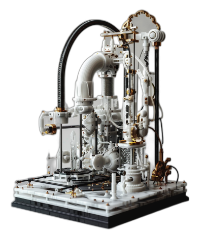 White and gold, metalic details machine made of lego bricks, complex steampunk structure with pipes, tubes, wires, cables, gears, in the center is an engine on top of a base plate. Black background.