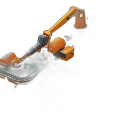 3D rendering of an industrial robotic arm holding a mobile phone on a black background, isometric view, minimalistic design with orange and dark grey colors in the style of an industrial robotic arm holding a mobile phone on a black background, isometric view, minimalistic design with orange and dark grey colors