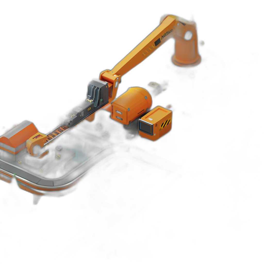 3D rendering of an industrial robotic arm holding a mobile phone on a black background, isometric view, minimalistic design with orange and dark grey colors in the style of an industrial robotic arm holding a mobile phone on a black background, isometric view, minimalistic design with orange and dark grey colors