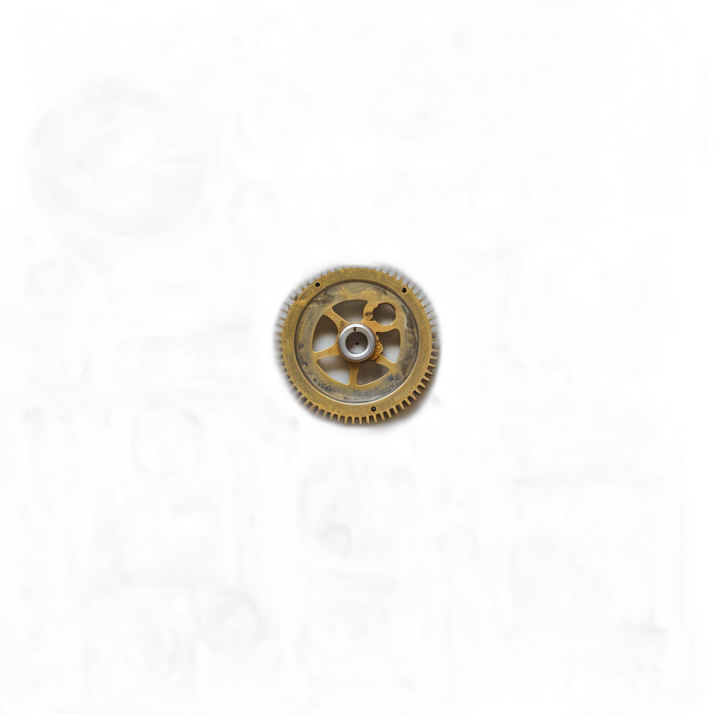 top view of one small golden gear floating in pitch black space, minimalistic, hyper realistic photography