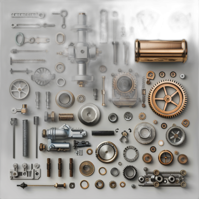 A photorealistic collage of various mechanical parts and gears arranged in an aesthetically pleasing composition, creating the illusion that they form one large machine or engine. The neutral background highlights each part's details.