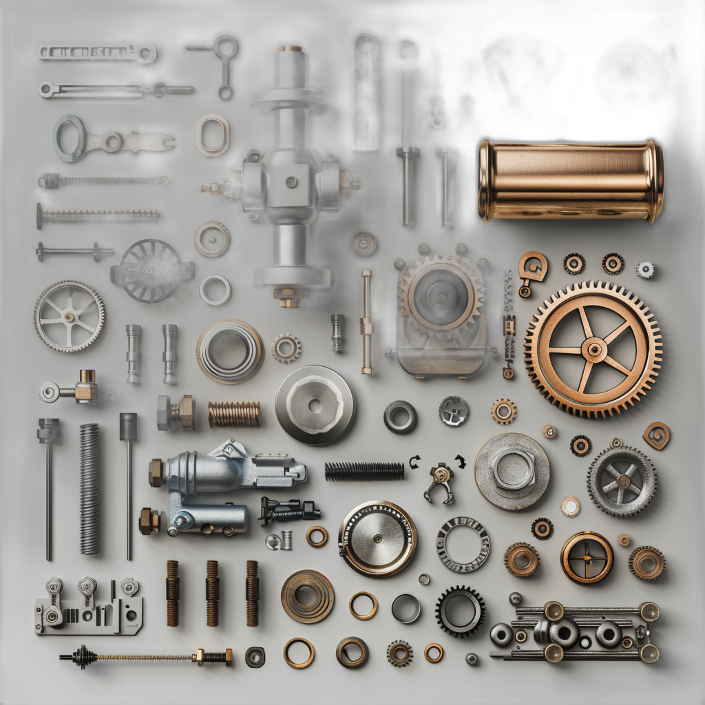 A photorealistic collage of various mechanical parts and gears arranged in an aesthetically pleasing composition, creating the illusion that they form one large machine or engine. The neutral background highlights each part’s details.
