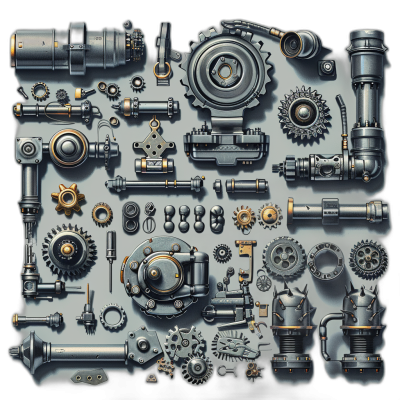 A sprite sheet of steampunk mechanical parts, including gears and pipes, is arranged in an aesthetically pleasing pattern on the canvas. Each piece is rendered with intricate details and textures to create a visually appealing composition. The background should be a dark grey for contrast, emphasizing each part's unique design elements.