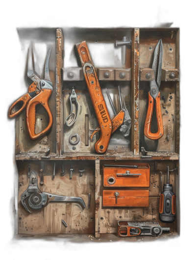 A tool box with many tools inside, a detailed illustration in the style of [Paul Kidby](https://goo.gl/search?artist%20Paul%20Kidby), the scene includes scissors and an orange multipurpose tool. Wooden walls and shelves, light from above, black background, high resolution, digital art style, hyper realistic oil painting style.