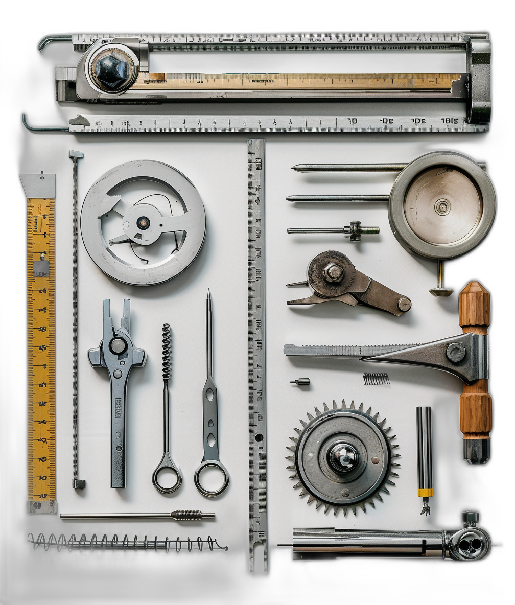 A photograph shows various tools and machinery arranged on top of each other, including rule scales, pliers, saws, a metal wheel, compasses, pencil labeler, ruler, and a scale in the center with different shapes and sizes, all arranged neatly together. The background is a dark gray to create contrast against the white paper underneath.