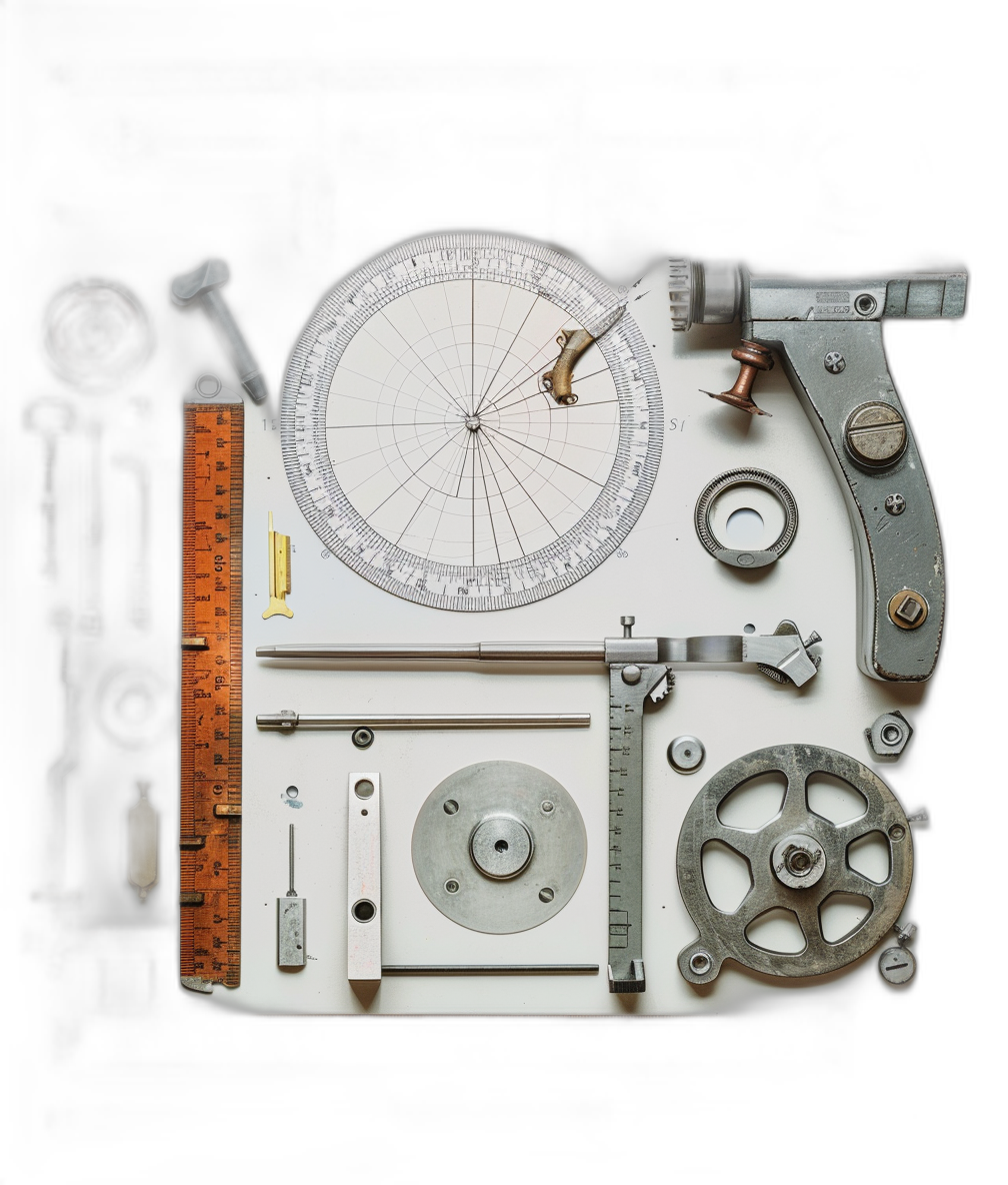 A photograph shows an overhead view of the parts and components in focus of various mechanical designs from early computer design work layered on top of each other in the style of [Paul Rand](https://goo.gl/search?artist%20Paul%20Rand), including levers, dials, compasses, a ruler with marks for height measuring, inkblot test paper and more. The photo is isolated against a black background.