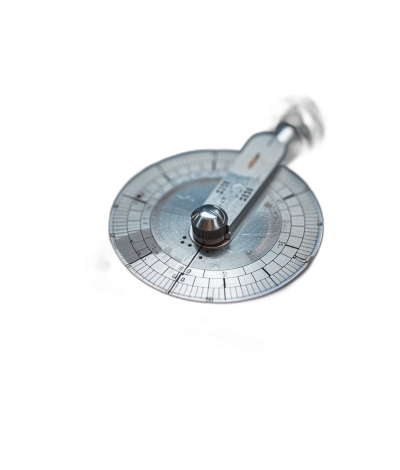 Top view of an old silver metal pro_measurement tool with the circle on it, floating in black background, macro photography, shallow depth of field, close up, sharp focus, detail photo