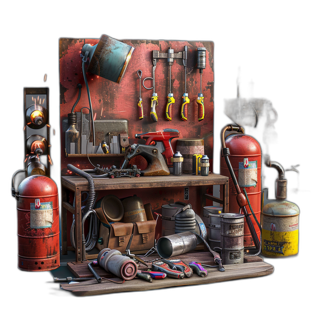 A workbench with various tools and a collection of fire extinguishers in the style of game art, blender rendering in 3D.