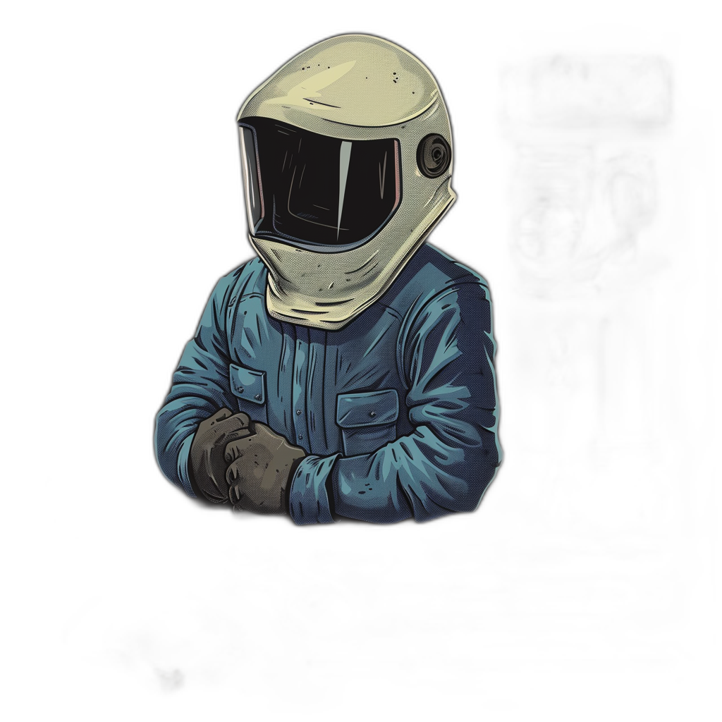 A cartoonish and minimalistic illustration of an astronaut in blue jumpsuit, wearing white helmet with visor closed. He is depicted from the waist up against black background. The style should be simple, flat colors without shading, inspired by comic book art and handdrawn animation. His pose conveys confidence or pride as he stands proudly arms crossed.