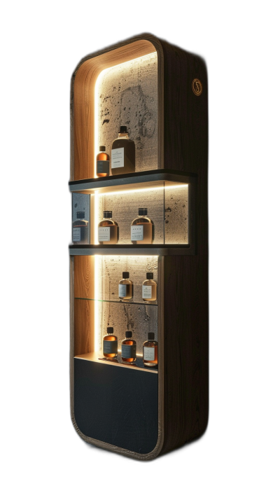 design of an open light wood cabinet with LED lighting containing small bottles and jars, black background, inspired in the style of the brand Aesop in a minimalist style, cabinet is 3 meters high, with dark gray panels on bottom half of cabinet. There is an opening at top for product to be placed inside. In middle there should be two shelves that go up three elements each. The entire design must feel very luxurious and modern. It has to have big textures. No shadows.