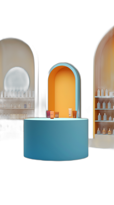 3D render of a small oval shaped counter from the front view. Inside is an arch with shelves displaying cosmetic bottles and jars. The background color palette includes black, blue, orange, white and yellow tones. In the foreground, there is a round cyan table on which products sit. A simple ceiling adds to its modern feel. This scene captures a minimalistic interior design that highlights beauty items for product photography, in the style of a modern aesthetic.