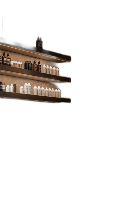 A dark wall with shelves of Aesop bottles, lit by warm white light, against a black background in a low angle shot, with high resolution photography.