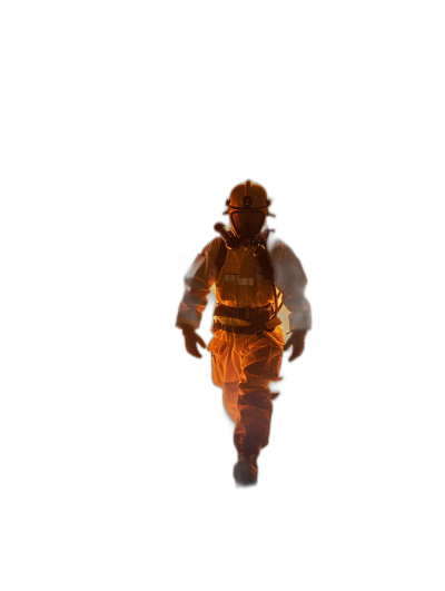 A fireman in full gear walking on black background, 3d render illustration, minimalism, soft light and shadow, rim lighting, silhouette photography, symmetrical composition, low angle shot, centered composition, simple background, high resolution, hyperrealistic details, front view, no logo or text.