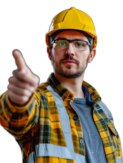 A male construction worker wearing glasses and a hard hat, pointing at the camera with his thumb up isolated on a black background. Portrait of a young man in workwear showing a thumbs-up sign. Focus is on a one-hand pose. Stock photo, high quality.