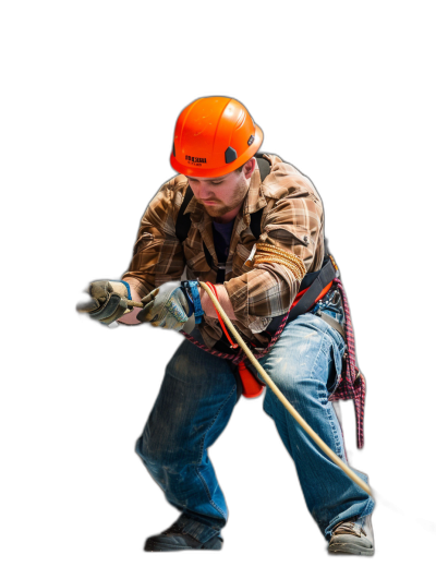 A full-body photo of an American construction worker in action, pulling on the rope with both hands wearing blue jeans and an orange helmet against a black background, in the style of high resolution photography.