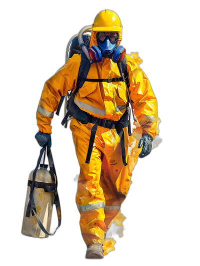 A firefighter in a yellow protective suit, carrying an air tank and mask on his back, is walking forward with one hand holding the water bag at chest height against a black background. The full body shot photo features high resolution photography with insanely detailed and fine details of the isolated subject. The professional color grading stock photo is in the style of fine art photography.