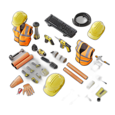 A collection of construction equipment and safety gear floating on a black background, including hard hats, a yellow reflective vest, a computer keyboard with a stylus pen, hand gloves, diamonds, an orange pipe and a power drill, rendered in 3D, in the style of a 4D video game with high resolution, high detail, and high quality.