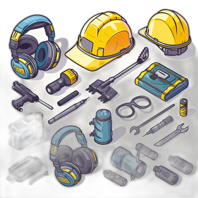 A sprite sheet of cartoonish isometric icons for construction tools, safety equipment and headsets with a yellow hard hat in the center of each icon, all rendered in a vector art style with a black background and soft lighting, without shadows. The objects should have a slightly handdrawn look to them. There is an emphasis on realism and detail, with attention put into capturing textures like plastic surfaces or metal reflections. Each item has its own unique design and color scheme in the style of the artist.