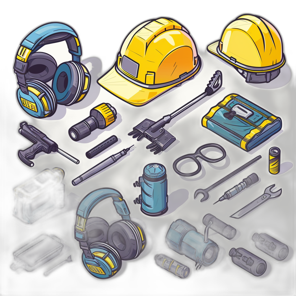 A sprite sheet of cartoonish isometric icons for construction tools, safety equipment and headsets with a yellow hard hat in the center of each icon, all rendered in a vector art style with a black background and soft lighting, without shadows. The objects should have a slightly handdrawn look to them. There is an emphasis on realism and detail, with attention put into capturing textures like plastic surfaces or metal reflections. Each item has its own unique design and color scheme in the style of the artist.