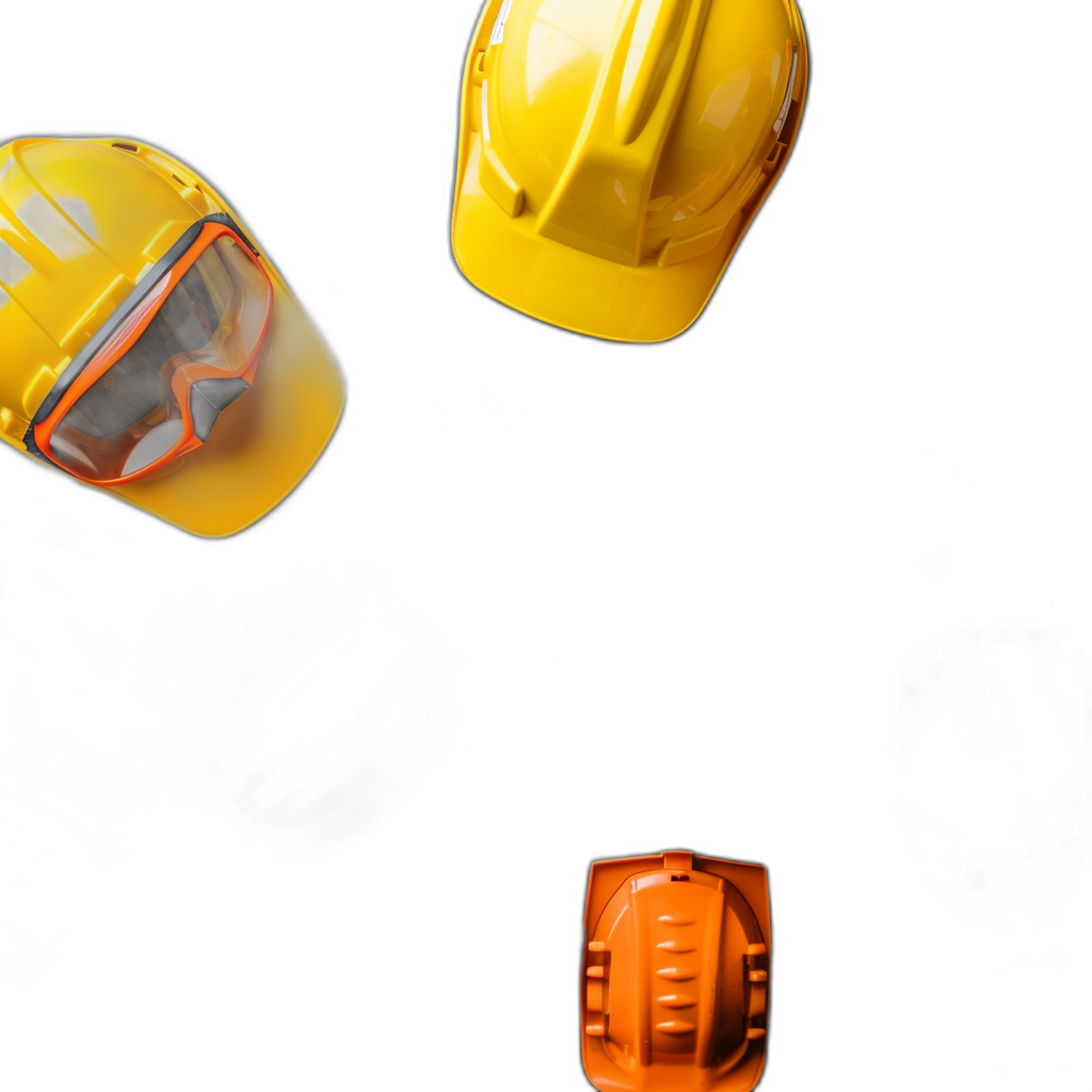 Three yellow construction helmets and orange safety glasses floating on a black background, depicting a copy space concept from a top-down view.