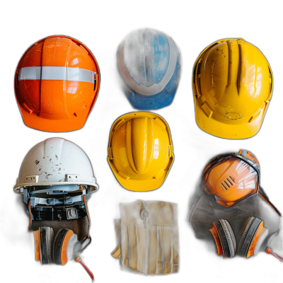 A collection of construction helmets and safety gear arranged on black background, top view. The composition includes various colors like orange yellow blue white green and dark gray, symbolizing the diversity in industrial protection equipment used by workers during their work at professional place.