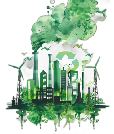 A green cityscape with skyscrapers, wind turbines and solar panels in the background, surrounded by clouds of smoke that turn into an abstract shape of ocean waves made from green watercolor paint on black background. In front is a large recycling logo. Vector illustration style.