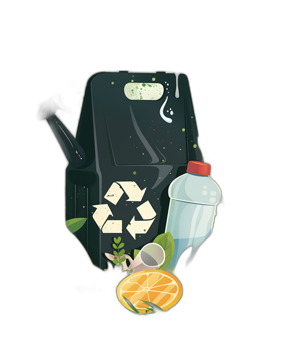 A black background with an illustration of a green trash can, inside which is the recycling symbol and two plastic bottles. On top there are lemon juice and fresh orange slices. The whole scene has flat design elements and is rendered in the style of vector art. It includes green accents. Vector graphics, no shadows, no gradients, white border around all edges, solid colors for each element. A dark blue circle on one side of the industrial container forms a shadow that falls outside it.