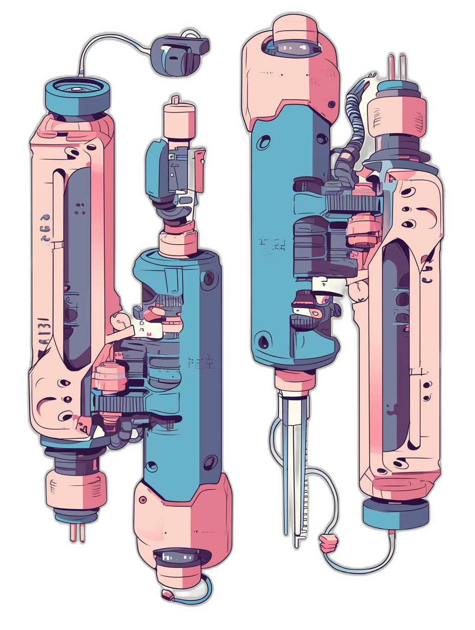 An illustration of two cute blue and pink tubes with tools on top and bottom in the style of gta game art, vectorized with flat colors, a black background, white outlines, showing a front view and side view in a symmetrical style.