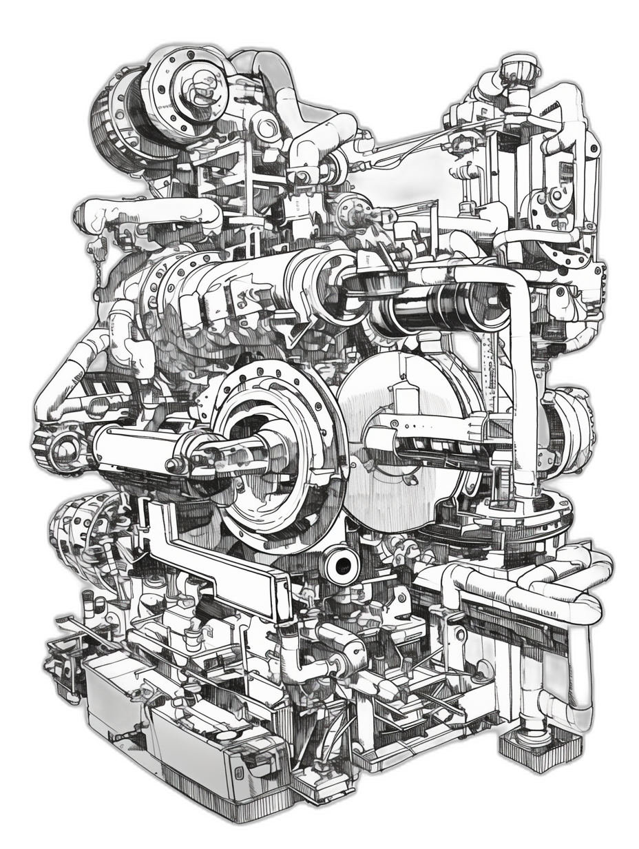 black and white line drawing of an engine with lots of components, black background, technical illustration style, high detail,