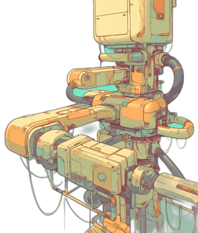 An illustration of an isometric futuristic machine with pipes and tubes, in the style of [Moebius](https://goo.gl/search?artist%20Moebius) in orange and cyan on a black background, from a low angle shot, with simple lines, in a 2D game art style, in an anime style.