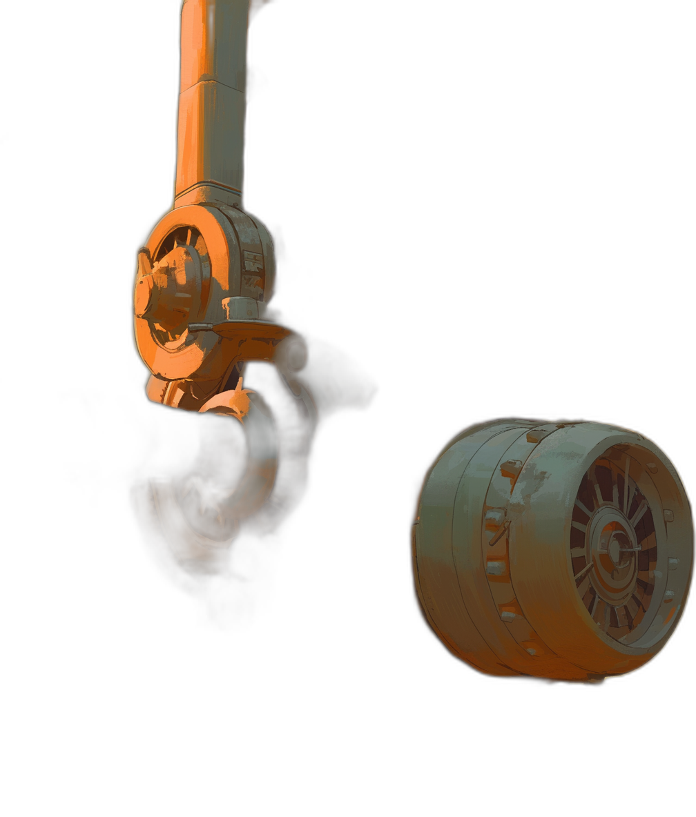 A stylized orange and white 3D rendering of an engine against a black background. The engine is on the left side of the frame with its back facing the camera. It is in the foreground without shadows or reflections. In front of it sits another small circular object. Both objects have rounded edges like spaceship engines. They both glow faintly with warm light. There should be some space between them.