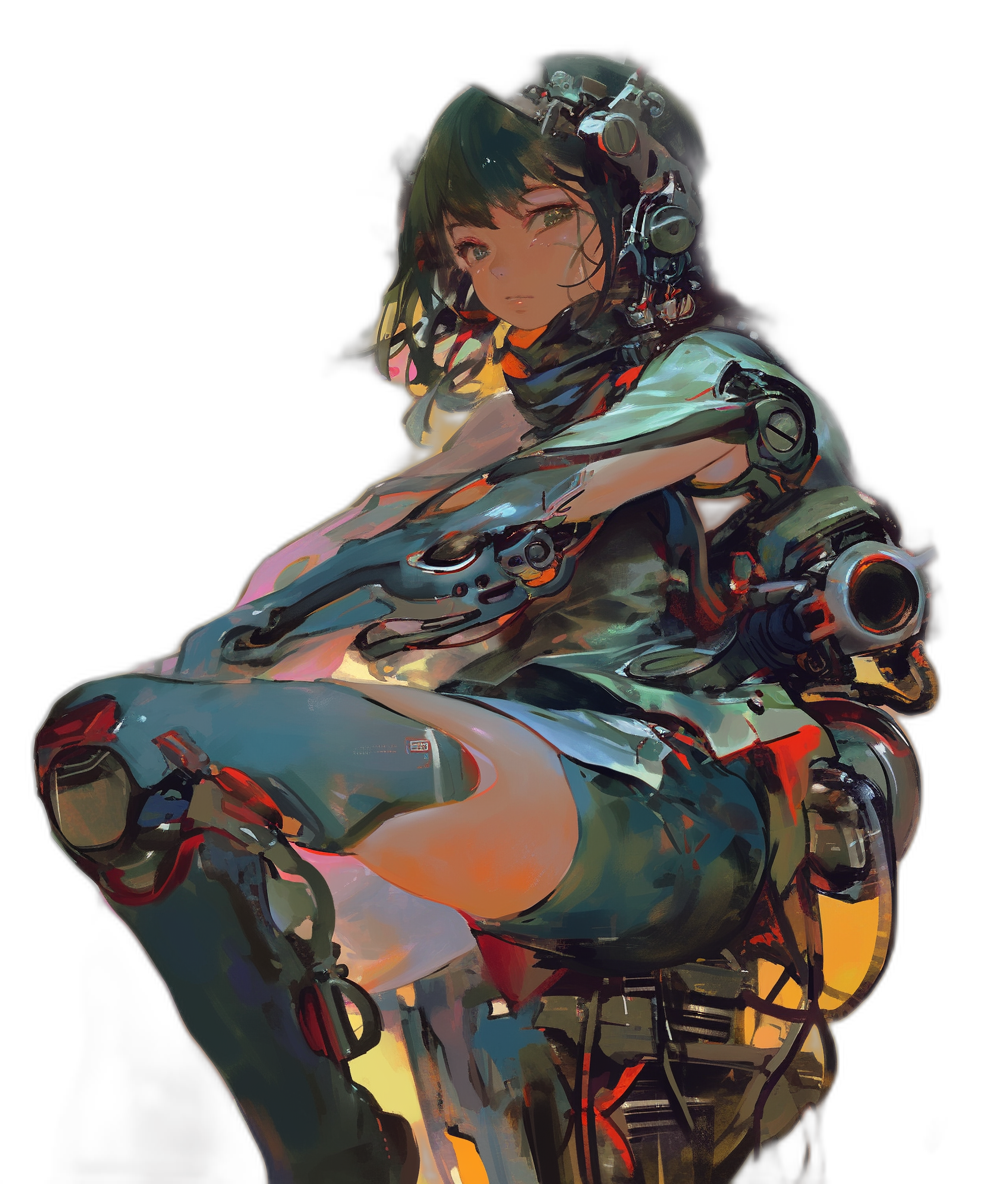 Beautiful full body girl, sitting on her robot’s shoulder, short hair and bangs, cyberpunk style, colorful light effect, black background, high detail, digital art, concept design in the style of [Akihiko Yoshida](https://goo.gl/search?artist%20Akihiko%20Yoshida), Tetsuya minamara, [Ismail Inceoglu](https://goo.gl/search?artist%20Ismail%20Inceoglu), [Yoji Shinkawa](https://goo.gl/search?artist%20Yoji%20Shinkawa), chest shot, holding hands with the cyborg head in front of his face, holding an arm over one side of him. She has a futuristic gun belt around her waist. Her eyes glow white neon color.