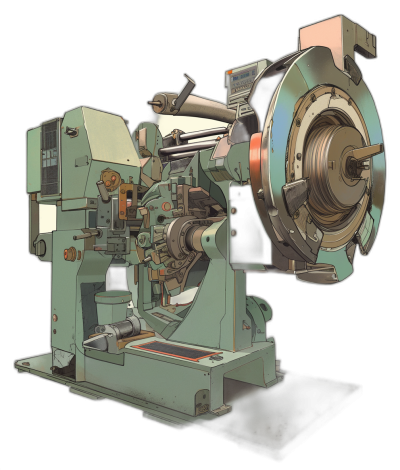 A cartoonish 2D drawing of an industrial machine, detailed 3/4 view, on a black background, in the style of celshaded concept art with pastel colors, from the side angle.