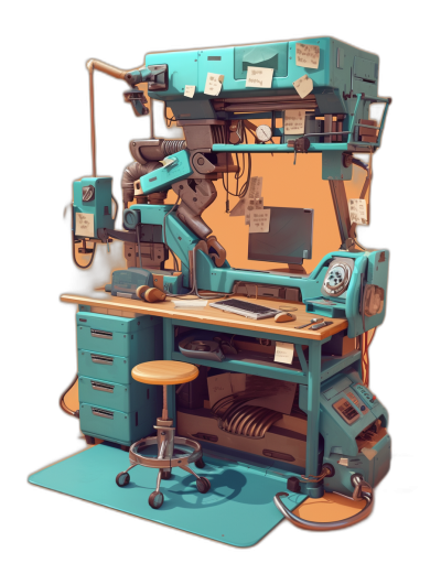 A futuristic, mechanical office desk with robotic arms that work on an advanced computer setup. The desk is designed in the style of Pixar's " Darma plus" cartoon character design, with teal and orange color scheme. It has lots of sticky notes and other items scattered around it. Black background. Cartoonish 3D art style.