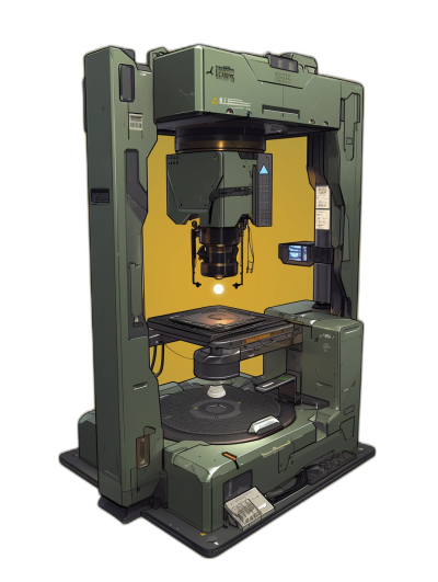 3d concept art of sci fi printing machine, dark green and yellow palette, low poly, isometric view, black background, game asset style sheet, stylized