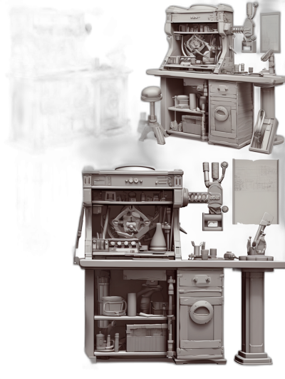 A kitchen counter with much equipment, miniature models, in the style of zbrush, monochrome scheme, concept art in the style of Pixar studio, character design sheet, multiple angles of the object