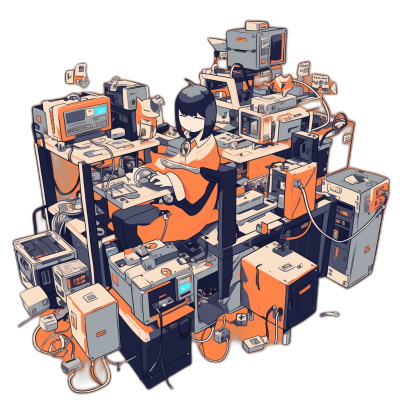 A t-shirt design of an anime-style girl surrounded by various electronic devices, such as desktop computers and game consoles, in shades of orange against a black background. The artwork should capture the essence of technology with bold lines and flat colors, suitable for print on tees or hoodies. The style of the artwork should be in the style of anime or manga.