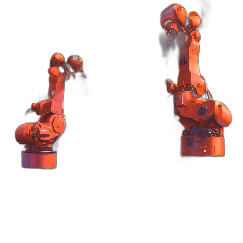 Two robotic arms on a black background, one arm is holding something in its other hand, red and orange in color, in the style of Pixar, 3D render, game art design, high resolution, super detailed.