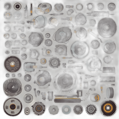 A large grid of mechanical parts and gears, arranged in an overhead view on a black background, rendered photorealistically and hyper detailed in the style of [Karl Blossfeldt](https://goo.gl/search?artist%20Karl%20Blossfeldt).