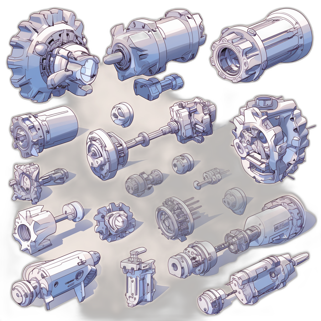 A collection of mechanical parts for mecha robots shown from an isometric view and top-down perspective. The 2D vector art uses a dark background with a simple line drawing design in the anime style of multiple angles and perspectives. Various sizes and shapes of metallic materials are depicted with subtle light effects.