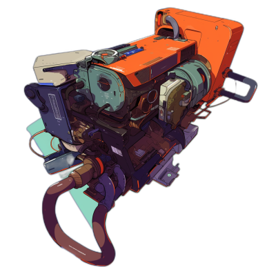 A stylized, cartoonish digital art of an orange and teal mechanical device with metal parts on the left side, connected to a long black strap wrapped around its right half in front view. The design is simple yet detailed, focusing more on form than realism. It is set against a solid dark background for contrast, emphasizing bold colors like bright reds and blues, and features smooth lines without any textures or shading. This depiction has a comic book aesthetic in the style of comic books.