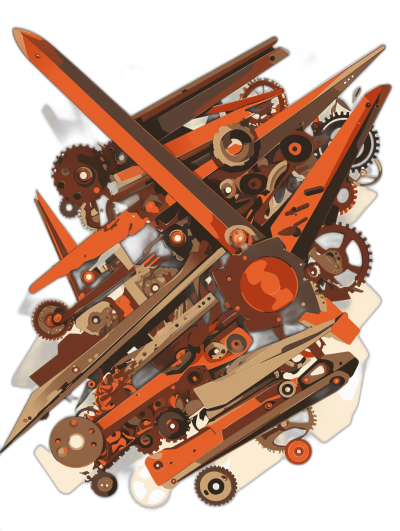 tshirt design, vector contour, orange and brown steampunk airplane parts jumbled together in chaos, in the style of a graphic style with a flat background